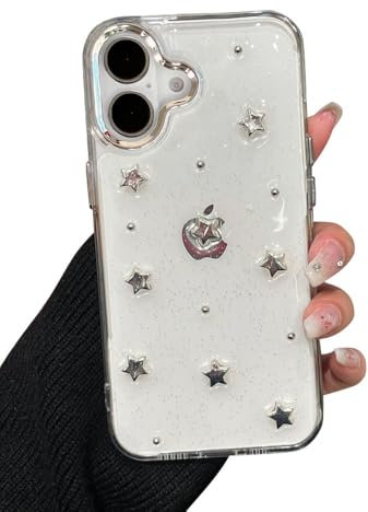 EYZUTAK Case for iPhone 16, Bling Glitter 3D Stars Phone Case, Cute Sparkly Crystal Clear Star Aesthetic Design, Slim Soft Durable TPU Transparent Protective Cover for Women Girls - Star