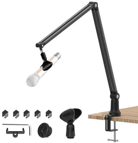 Focenat Brazo de Micrófono, Soporte de Micrófono Ajustable, con Clip de Micrófono, Pie de Microfono de Mesa, Adaptador de 3/8 5/8, Compatible con Blue Yeti y Otros Micrófonos
