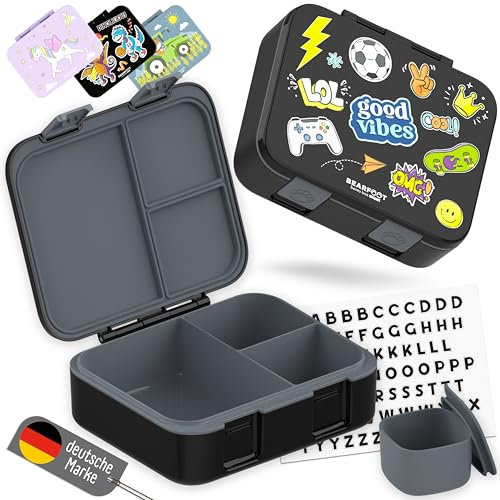 BEARFOOT Bento Box COMPACT | BPA-freie Kinder Brotdose für Schule & Kindergarten | Auslaufsichere Lunchbox für Mädchen & Jungen | Praktisch, leicht & kompakt (Sticker-schwarz, 1.000ml)