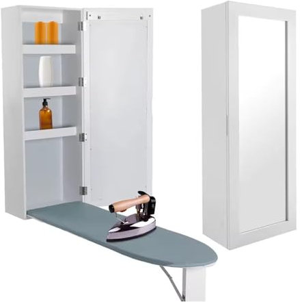 GAENZA Wall Mounted Ironing Board Cabinet, Foldable Ironing Board Closet with Storage Shelves, Built in Ironing Board with Mirror Door, for Small Houses, Sewing Rooms, Bedrooms