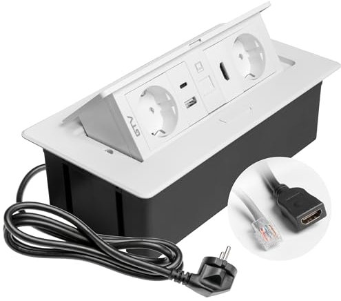 GTV – Einbausteckdose MULTISOFT weiß mit 2x Schuko, USB A+C, RJ45, HDMI 2.0, Abdeckung, versenkbar, 1,5 m Kabel, für Schreibtisch, Konferenztisch, Küche oder Homeoffice
