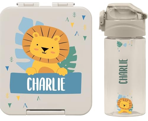 Stellasticker - Set con borraccia personalizzabile per bambini e porta pranzo/merenda personalizzato per bambini in plastica - Borraccia con cannuccia capacità 450 ml - Senza BPA (Sabbia)