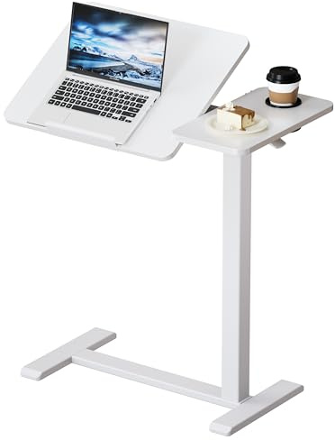 BZIUM Overbed Bedside Table with Hidden Wheels, Adjustable Medical Tilt Top Hospital Bed Table Over The Bed, Rolling Desk Mobile Standing Desk (70x40cm, White)
