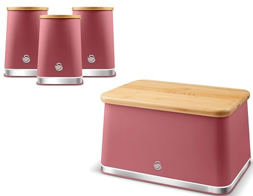 Swan Nordic Fuchsia Rose Bread Bin & Tea, Coffee, Sugar Canisters. Matching Scandinavian Inspired Minimalist Design Kitchen Storage with Fuchsia Matt Finish, Stainless Steel Accents and Acacia Wood