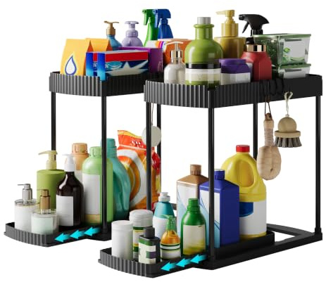 FLOWCASA Küchen Organizer ausziehbar, Unter Waschbecken Regal, 2er Set, Schwarz