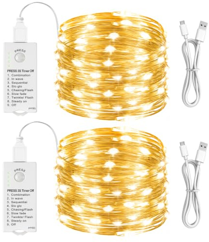 HXWEIYE Guirlande Lumineuse Intérieur Rechargeable 2 x 50Leds, 5m, 8 Modes | Minuteur, Guirlande led à pile, Étanche, Déco extérieur, Noël, chambre, Mariage, décoration d'arbre, Blanc Chaud