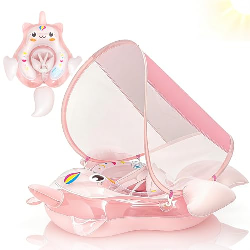 Licorne Rose Pâle Bouee Bebe Avec Pare Soleil Et Siège De Sécurité 3 à 12 Mois,Bouée Gonflable Flotteur De Piscine pour Bébé,Bouée Bébé Piscine, Anneau Flotteur Piscine,Accessoires Piscine pour Enfant