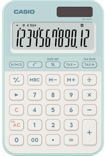 CASIO MS-20YC-LG Tischrechner, Grün, 12-stellig, Solar/Batteriebetrieb | 12-stelliges großes Display. Solar-Batteriebetrieb, Prozentrechnung, kompaktes Gehäuse, Zeitberechnung. Steuerberechnung