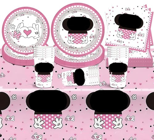 51PCS Pink Mouse Birthday Party Decoration Set, Tableware Set for 10 People, Includes Birthday Cups, Napkins, Tablecloth, Birthday Decorations, Paper Plates, Children's Birthday Party Supplies