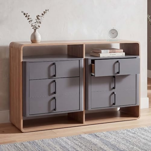 Mendler Kommode HWC-P43, Schrank Sideboard Highboard, 6 Schubladen MDF 80x120x42cm - Rivera-Eiche-Optik, dunkelgrau
