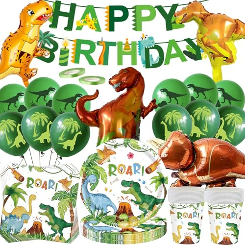 Set di decorazioni per feste di compleanno con dinosauri, 80 pezzi di stoviglie per feste con grande palloncino di dinosauro in pellicola, accessori per feste giurassiche, decorazioni per feste di