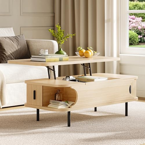 IRONCK Coffee Table with Storage, Lift Top Coffee Tables for living room with Sliding Door, Open Shelf, Hidden Compartment, Wooden Tea Table for Small Space Home Office Bedroom 101x51x52cm Light Oak