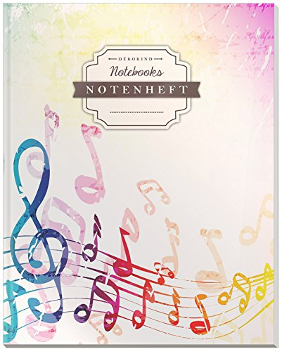 DÉKOKIND Notenheft | DIN A4, 64 Seiten, 12 Notensysteme pro Seite, Inhaltsverzeichnis, Vintage Softcover | Dickes Notenbuch | Motiv: Bunte Musiknoten