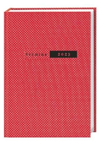 Terminer A6 2023. Roter Terminkalender mit strukturiertem Einband. Wochenplaner mit Zitaten und Lesebändchen. Taschenkalender 2023 zum Planen von Terminen