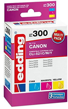 edding Druckerpatrone EDD-300 - Multipack 3 - Cyan, Magenta, Gelb - 3x 10,5 ml - Reichweite 3x 690 Seiten - Ersetzt Canon CLI-521C/M/Y