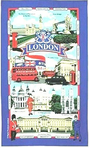 Geschirrtuch, Motiv: Londoner Sehenswürdigkeiten, Straßennamen, Souvenir, Geschenk, Big Ben, Tower Bridge, Piccadilly Red Bus