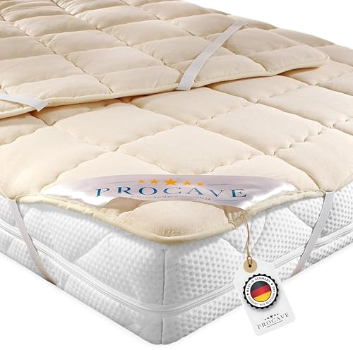 PROCAVE weiches Unterbett aus Schurwolle, atmungsaktiver Matratzen-Schoner, Matratzenbezug mit 4 Eckgummis,Matratzen-Auflage 90x220 cm