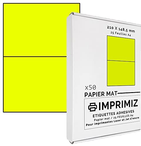 Imprimiz: 50 selbstklebende Etiketten gelb, 148,5 x 210 mm, 2 Etiketten/Blatt, 25 Blatt A4, Papier matt, für Inkjet/Laser/Kopier Drucker