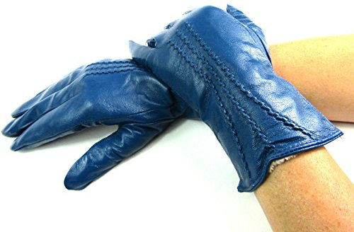 Damen Premium Quality Super Weich Leder Handschuhe Pelzfutter Streifen Detail Slim Fit - Hellblau, S