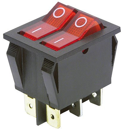 McPower Wippenschalter 6-polig | EIN/AUS | 250V / 15A | Snap-In-Montage | Rote Wippe | Flachstecker 6,3mm | Einbaumaß 22×28,4mm
