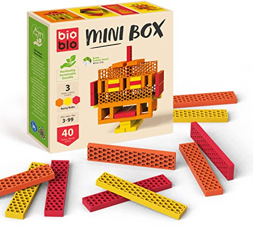 bioblo Mini Box Rusty Robo 40 Stück, Nachhaltige Bunte Bauklötze für Kinder ab 3 Jahren, Holzbausteine Kinderspielzeug, STEM Montessori Spielzeug für Stapel- & Balancierspiele
