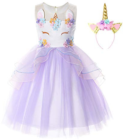 JerrisApparel Ragazza Unicorno Ruffles Fiori Abito Principessa Festa Vestito (3-4 anni, Viola)