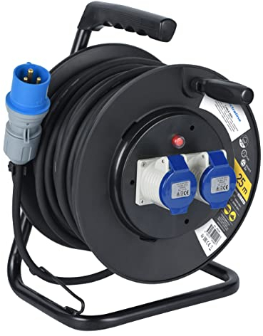 Electraline 49049 Prolunga in Gomma con Avvolgicavo 25 m, 2 Prese Industriali IEC, Spina a 3 Poli CEE Adatto per Camper, Campeggio, Caravan, Barca, Can, Nero/Blu