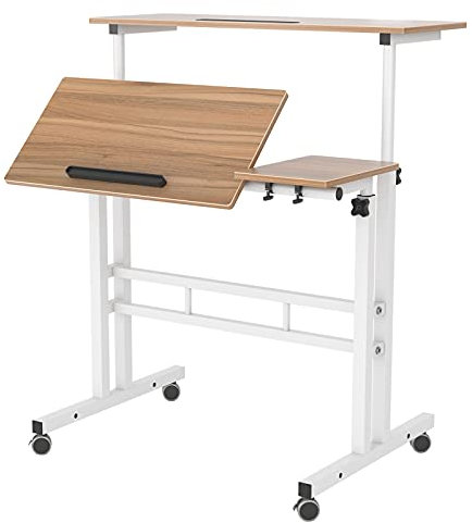 DlandHome Stehpult Laptoptisch Höhenverstellbar mit Rollen Büro Stehtisch Beistelltisch Betttisch auf Rollen Höhenverstellbar von 67 bis 115CM computertisch Mobile mit Mauspad Brett, Eiche