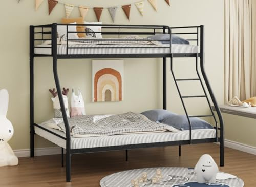 Etagenbett für 3 Personen, Metall, Schwarz, 90 x 190 cm und 140 x 190 cm, Trinity