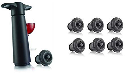 Vacu Vin Wine Saver - Black | 1 x Vacuum Pump + 1 x Vacuum Wine Stopper & 6 piece stopper, Grey