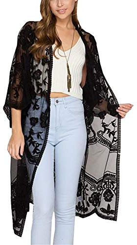 FSMO Damen Cardigan Lange Kleid Spitze Blumen Sommer Kimono Pareo Bikini Cover Up Leichte Jacke Strandkleid (Einheitsgröße, Schwarz)