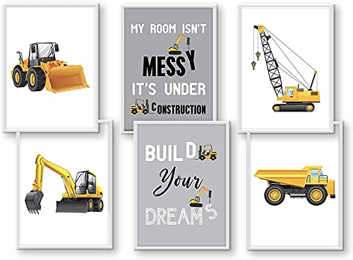 WIETRE® 6er Set Bilder Baufahrzeuge Bagger Kran Kinderzimmer Deko | Bild Junge Babyzimmer Poster DIN A4 | LKW Baustelle Stapler Walze Auto Fahrzeuge Dekoration (mit weißen Rahmen)