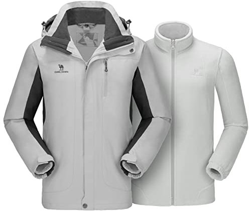 CAMEL CROWN Herren Skijacke 3 in 1 Wasserdicht Winterjacke Schneejacke Winddicht Kapuze mit Innen Warm Fleece Mantel, silbergrau, Small