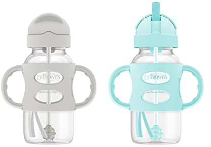 Dr. Brown’s® Milestones™ Wide-Neck Sippy Straw Bottle with 100% Silicone Handles, 9oz/270mL, Gray & Green, 2 Pack, 6m+