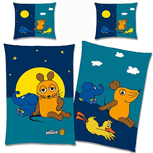 Die Sendung mit der Maus Kinder-Bettwäsche Night Blau 135 x 200 + 80 x 80 100% Baumwolle Renforcé / Linon-Qualität Sterne Mond Ente Elefant Wende-Bettwäsche mit YKK-Reißverschluss deutsche Größe