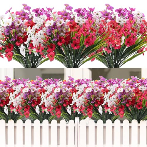 ALAGIRLS 12 Bundles Artificial Flowers Outdoor UV Resistant Plants for Garden, Plastic Fake Plants Silk Flowers for Decoration Indoors, Faux Flowers for Graves in Pots Evergreen, Yellow White Purple