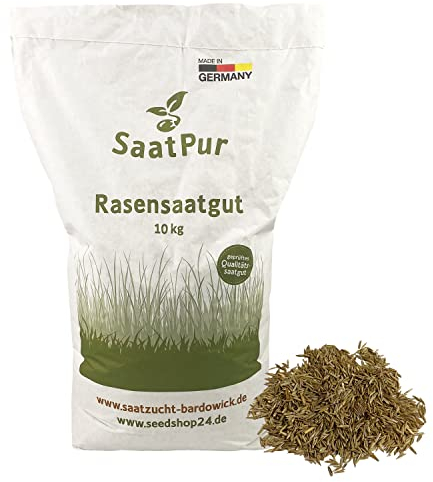 SaatPur® Rasensamen Schattenrasen Dürreresistent 10kg für ca. 300 m², Mehrjährige Rasemischung aus mehreren Rasenarten, meistens 4 bis 5, satt grün, schnellkeimend, hitzetolerant, Neusaat und Nachsaat