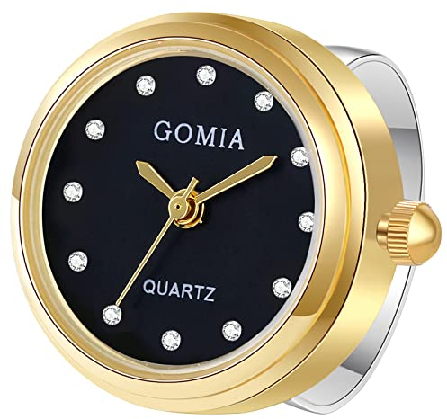 JewelryWe Ringuhr Fingeruhr Damen Herren Analog Quarz Edelstahl Verstellbar Ring Uhr Fingerringuhr Uhrenring mit Schwarz Strass Rundem Zifferblatt Gold