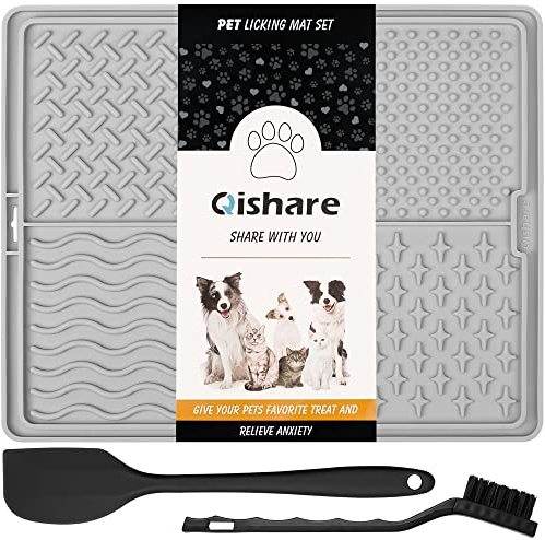 Qishare Leckmatten für Hunde mit 1 Spatel + 1 Bürste für eine einfachere Reinigung, Erdnussbutter-Leckmatte mit Saugnapf, geeignet für das Baden und Pflegen von Haustieren (Grau)