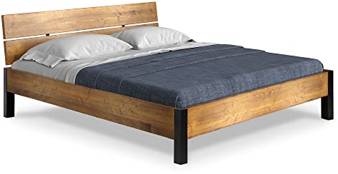 moebel-eins CURBY Bett mit Metallfuß und Kopfteil, Material Massivholz, rustikale Altholzoptik, Fichte