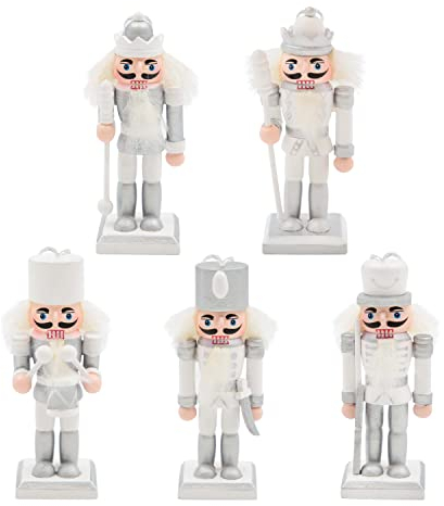 The Christmas Workshop 5PK Wooden Nutcrackers/Hanging Christmas Tree Decorations/Festive Ornaments (Silver and White)