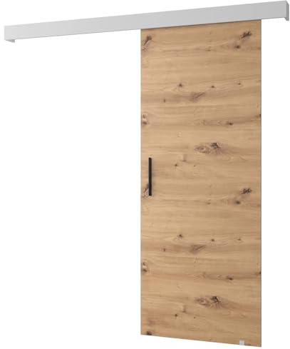 KRYSPOL Schiebetürsystem Salwador 1 Komplett-Set für Schiebetüren, Trennwände Innentüren, Modern Design (Artisan Eiche/Gitter: weiß matt/Griff: schwarz)