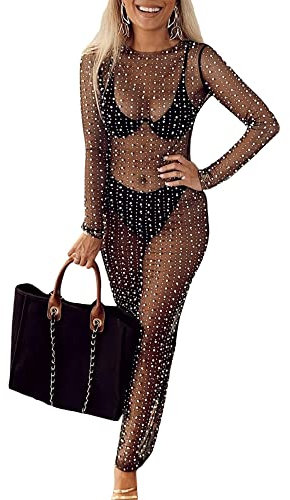 YILEEGOO Sexy Women's Sheer Mesh Pearl Rhinestone Cover Up Dress Beach Swimwear Bikini Bathing Suit Cover Ups (Black, L)