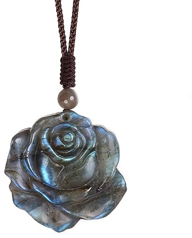 Nupuyai Labradorit Stein Anhänger Rose Blume Kette für Damen und Herren, Kristall Edelstein Rose Halskette Heilstein Glücksbringer Amulett Meditation Reiki Schmuck