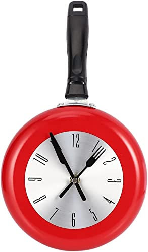 Wall Clock Metal Frying Pan Design 8 Inch Clocks Kitchen Decoration Art Watch(Color:Black,Size:One Size) (Red One Size)