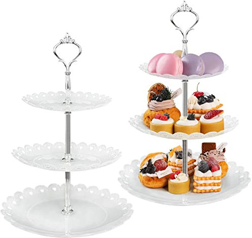 WenYa Soportes de plástico de 3 niveles para cupcakes, paquete de 2 soportes redondos de plástico para tartas, bandeja de exhibición para fiesta de té de la tarde, fiesta de boda