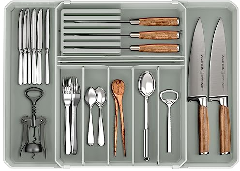 fifame Organizador de cajones de cubiertos, organizador de utensilios de cocina expandible, bandeja de cubiertos y cubiertos de mayor capacidad, almacenamiento de cajones multiusos para cocina,