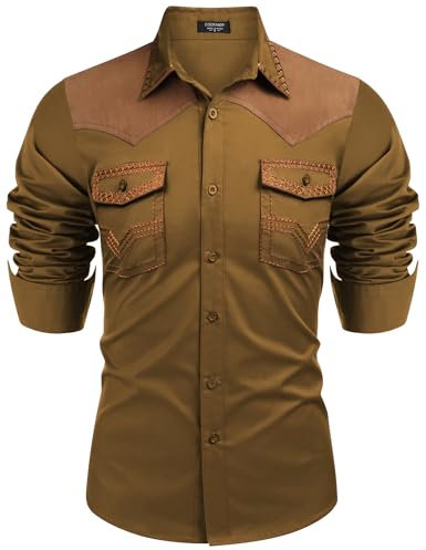COOFANDY Men's Western Cowboy Shirt Embroidered Long Sleeve Slim Fit Casual Cotton Button Down Hippie Shirts with Pockets, Brown, S