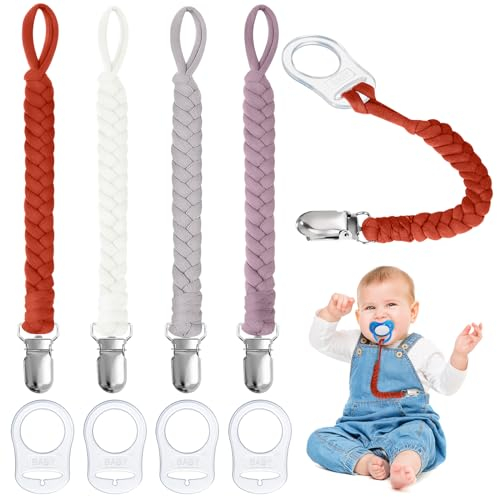 Aolso Schnullerketten Baumwolle Schnullerketten, 4pcs Baby Schnullerkettenclips, Schnullerketten für Mädchen und Jungen, Schnuller, Geflochtene Schnullerkette (Rosa lila/Grau/Weiß/Kastanienbraun)
