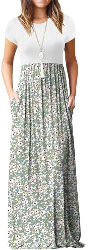 GRECERELLE Womens Maxi Dress Summer Casual Ladies Short Sleeve Crew Neck Long Dresses with Pocket for Daily, Holiday, Travel, Maternity (Lily Green, L)